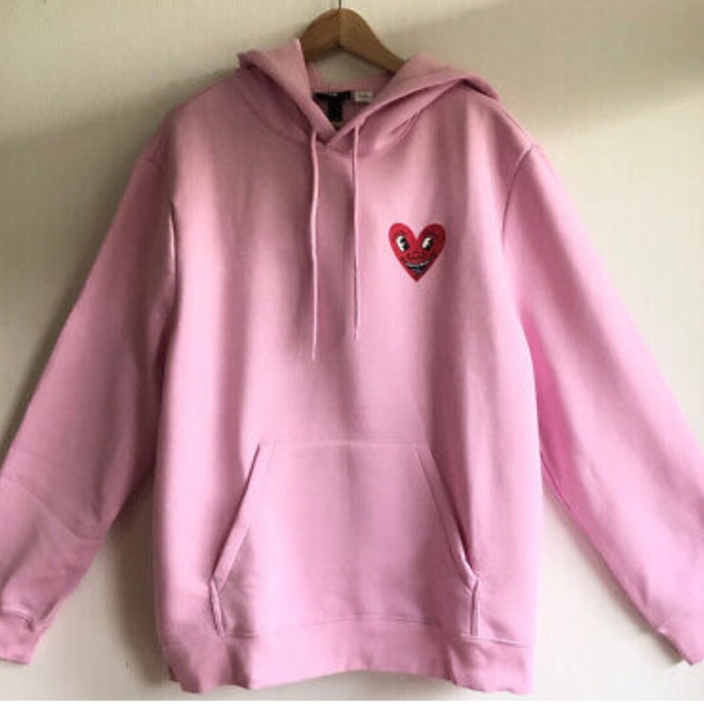 H&M Hoodie Unisex Keith Haring Regular Fit Heart Pink Long Sleeve. XXL